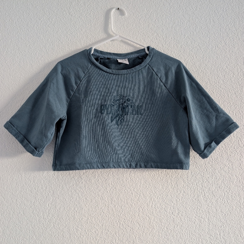 Gymshark Womens Crop 1/2 Sleeve Sweatshirt Top Medium Blue
